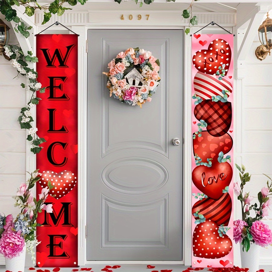 

1 Pair Valentines Day Door Banner Heart Hanging Sign For Valentine's Day Wedding Engagements Anniversary Front Porch Yard Outdoor Indoor Home Wall Decorations