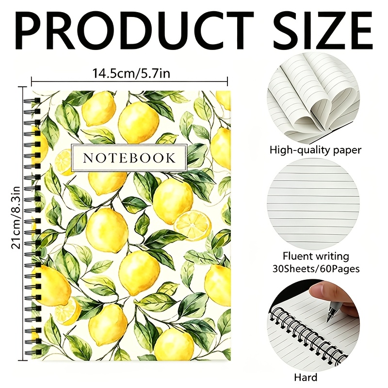 TEMU Carnet à spirale citron aquarelle, 30 pages avec 60 et pages intérieures reliées , fournitures scolaires et de bureau, cadeaux d'étude, cadeaux