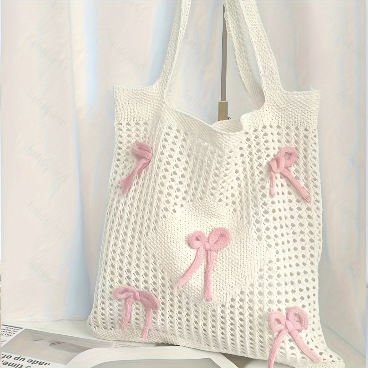 TEMU Crochet Beach Tote - Large , Knitted Shoulder Bag With Diamond Pattern For Women