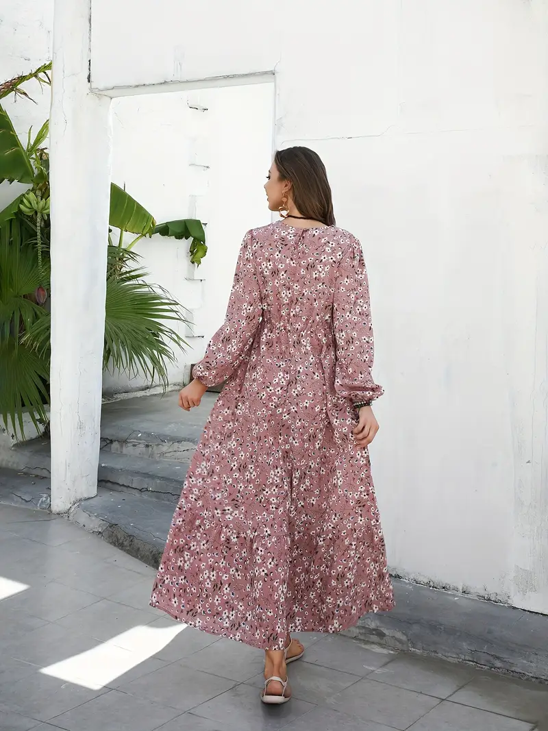 pastel floral maxi dress with sleeves Floral Print Maxi Dress in Blush Pink With High Neckline| Oh Pretty Blush Pink / L