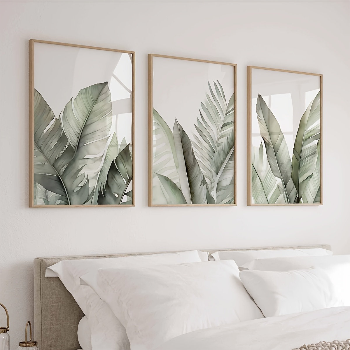 TEMU 2d Flat, Set Of 3 Modern Leaf & Bird Wall Art Framed Canvas Posters - Abstract Botanical Decor Suitable For Home Decoration, Palm Tree Paintings