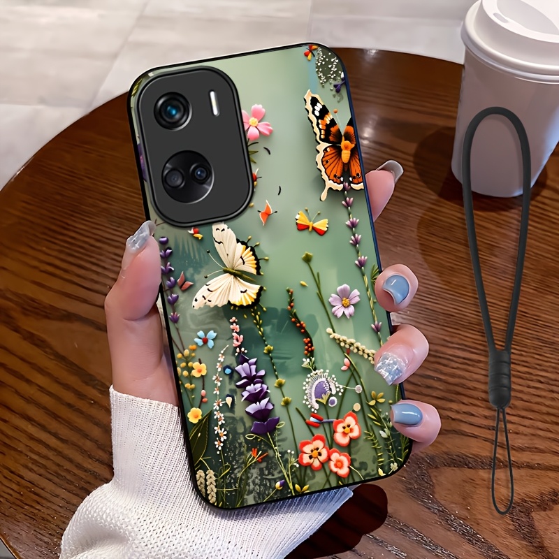 TEMU Phone Case: 2d Flat,2pcs Set: Includes 1 Phone Case + 1 Strap, Garden Pattern Phone Case,suitable 90 Lite| 50 Lite,unisex Lanyard Phone