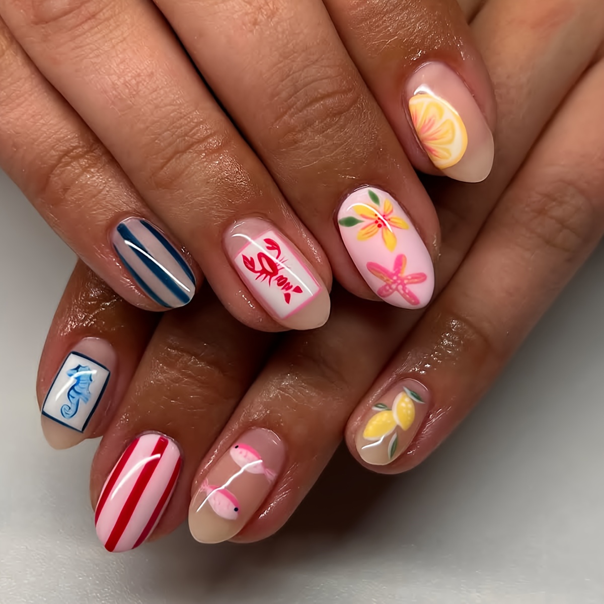24pcs Of Almond Nails For Summer Ocean Seahorse Fish Graffiti Press On Nails Sweet And Match Cute Lobster Fruit Lemon Flower Striped False Nails Party Travel Beach Essential Containing Jelly Glue 1pc