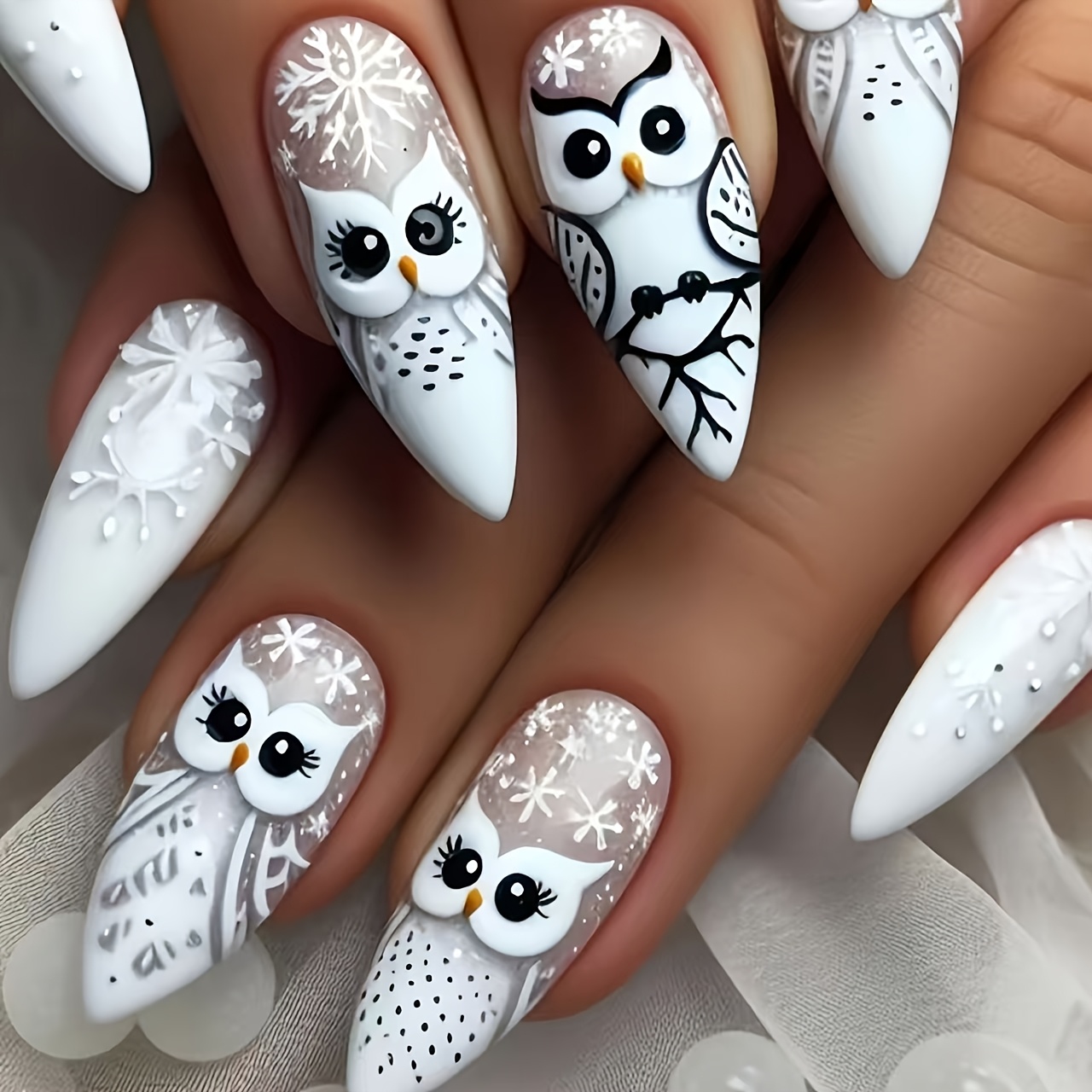 TEMU 24pcs Christmas Owl Almond-shaped Wearable Nail Art Detachable Nail Art