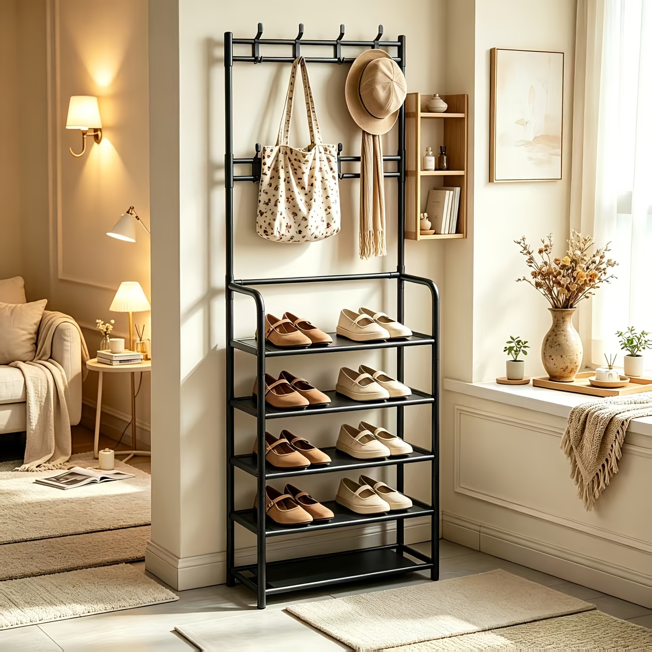 TEMU 5-tier Metal Shoe Rack With 8 Hooks, Entryway Shoe Storage Organizer For Shoes Coats Hats Bags, Space Saving Heavy Duty Shoe Shelf, Multi-use