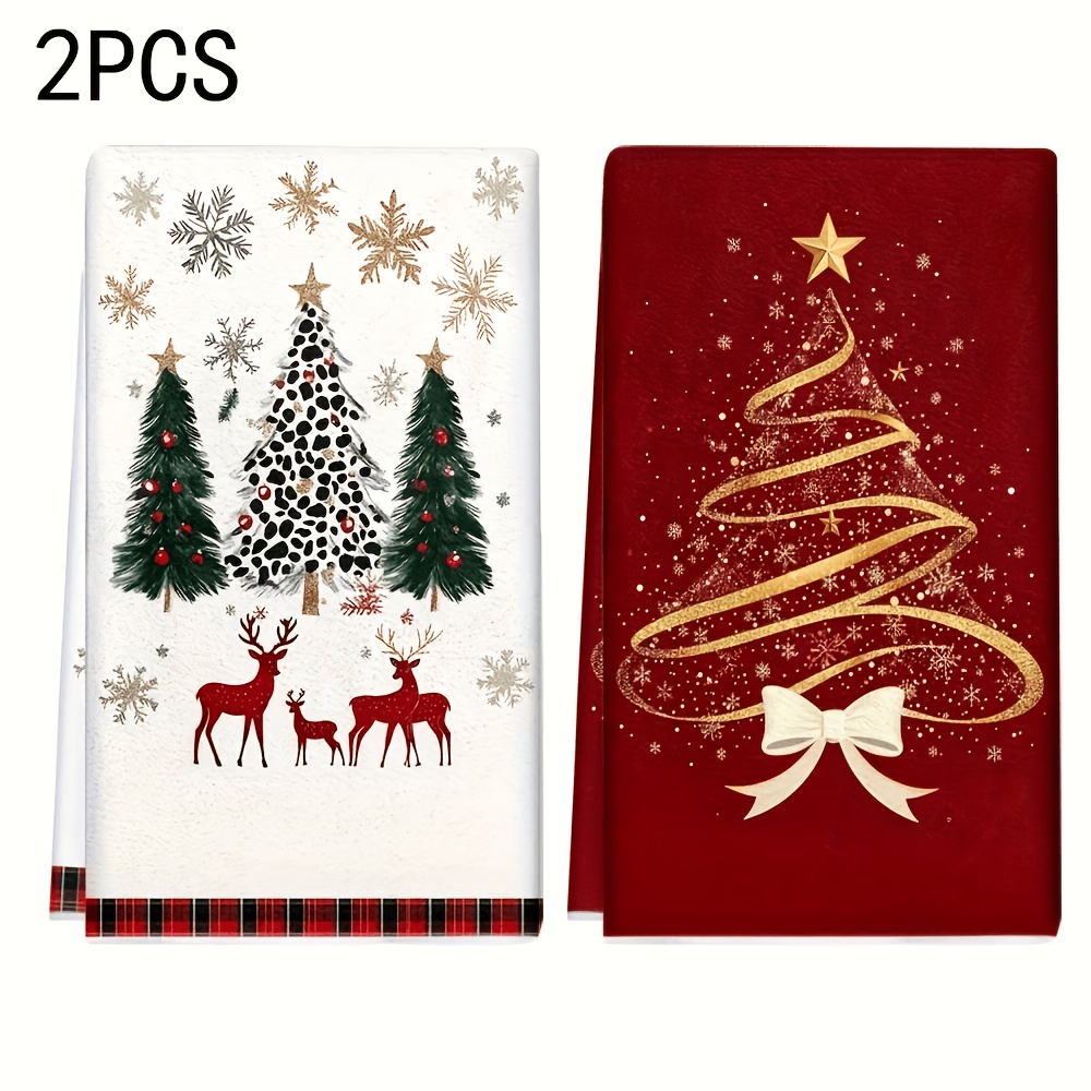TEMU 2pcs Serviettes à main Arbre de Noël, Ensemble de serviettes de Noël, Cadeau de Noël, Tissu de nettoyage doux absorbant, de cuisine, , Serviette