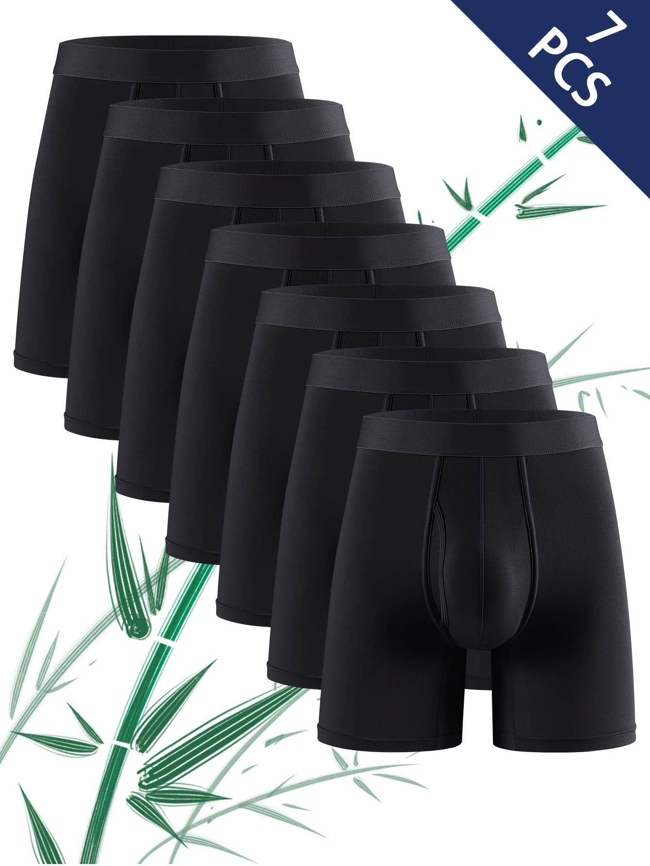 Men's 7pcs Long Bamboo Fiber Underwear, Breathable Moisture-Wicking, Soft and Comfortable, Black - Image 2