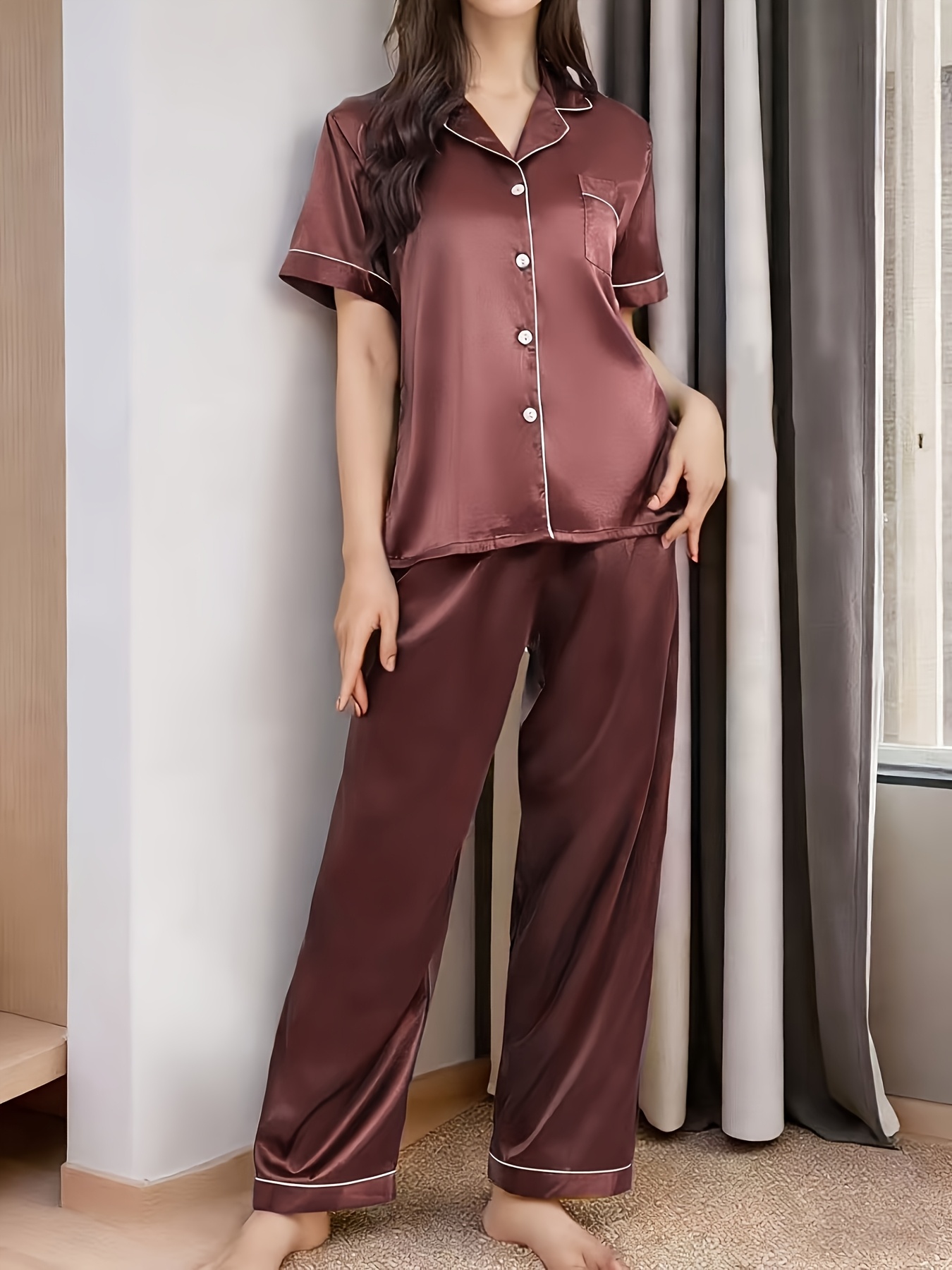 satin spring and summer loungewear for women featuring short sleeves long pants a easy design and a collared cardigan Product details 2