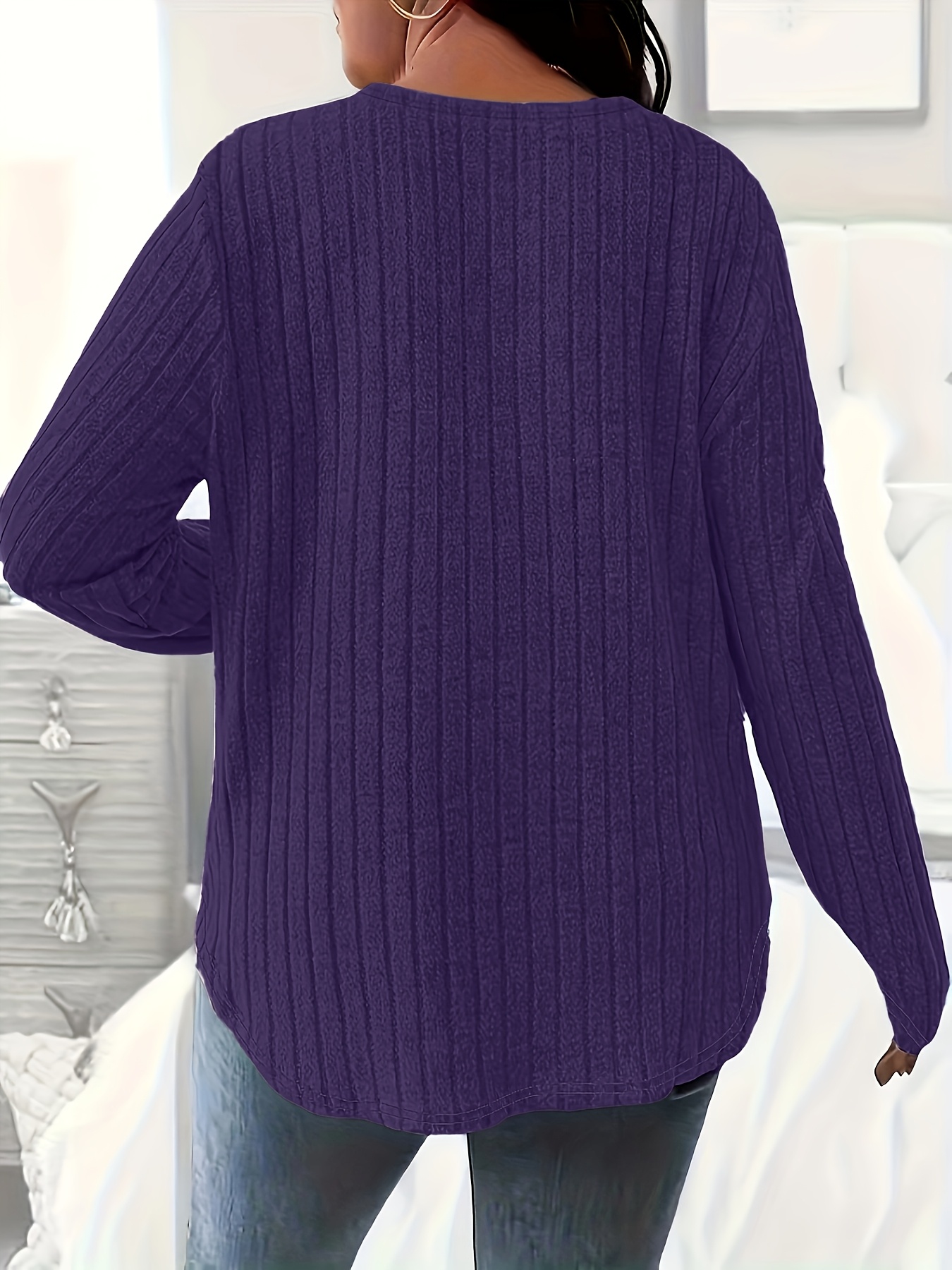 Women'S Plus Size V-Neck Ribbed T-Shirt - Soft, Lightweight with Medium Stretch, Casual Long Sleeve Solid Color Top, Machine Washable, Perfect for Spring, Fall & Winter, Autumn Casual Wear | Vneck Top | Medium Elasticity