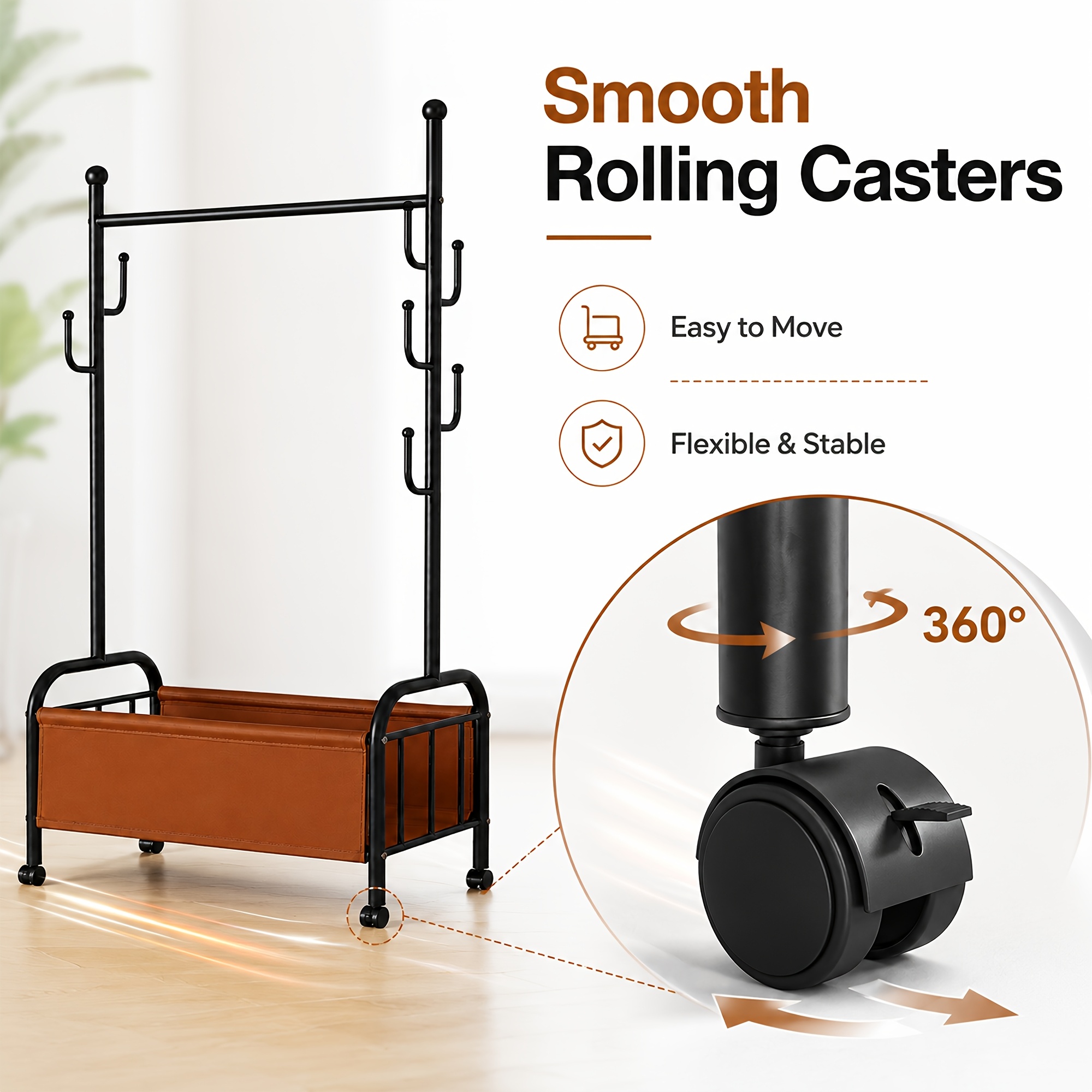 Floor-standing Coat Rack, Thickened And Stable Coat Rack, With Thickened Pu Leather Storage Basket, Silent Universal Wheels, And Double-sided Multi-functional Hooks, Suitable For Bedrooms, Cloakrooms