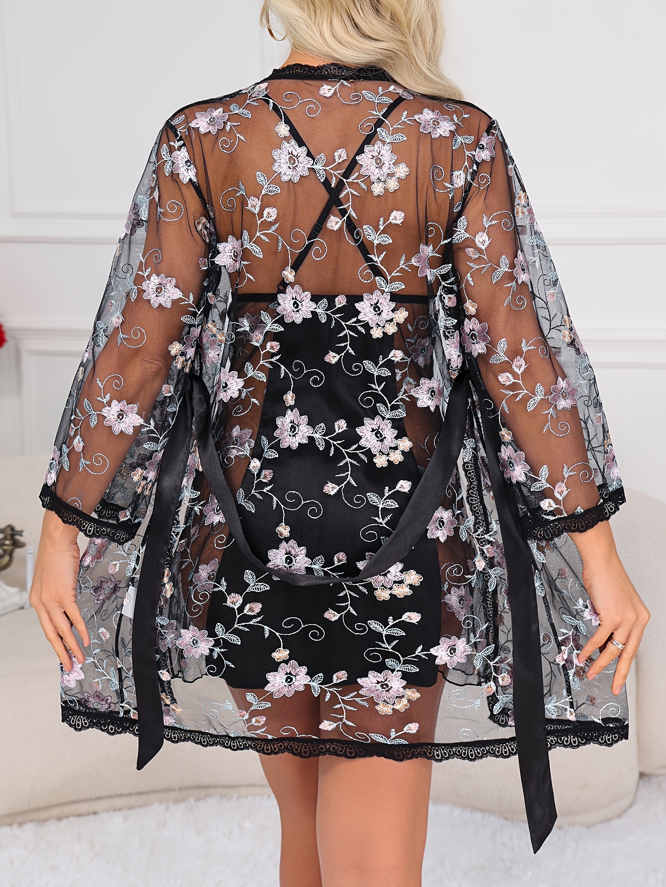Sexy Deep V-Neck Floral Embroidered Patchwork Criss-Cross Backless Sleep Dress with Tie-Up Robe Loungewear Set BS0908