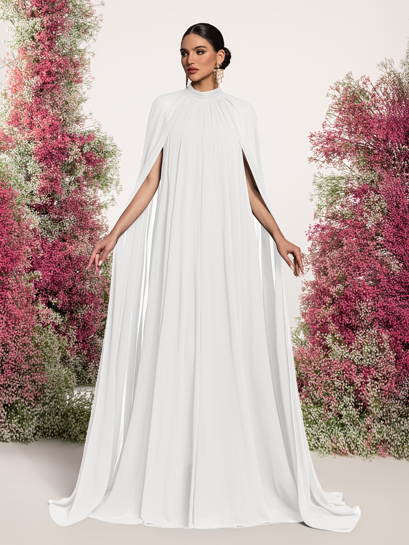 Evening Cape Type Dress Red Pleated Maxi Dress Cape Sleeve Elegant Evening  Gown --NOOSGOP Burgundy