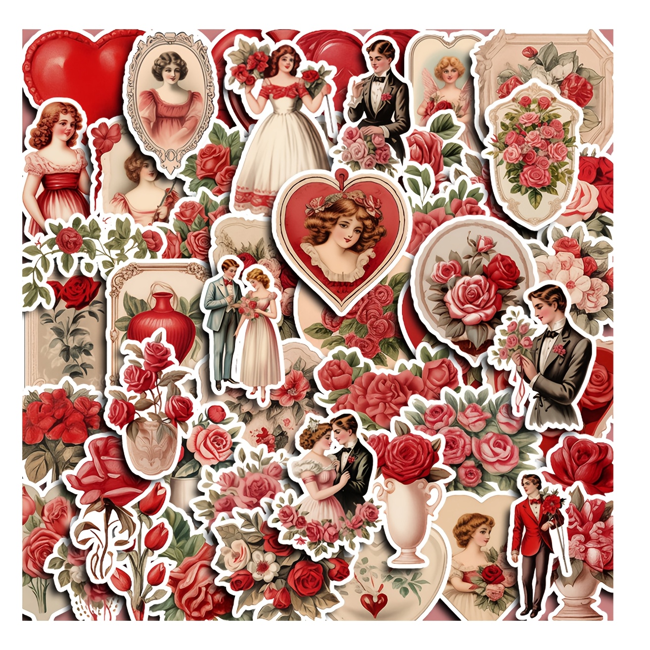 

50-pack & Rose Valentine Stickers, Waterproof Self-adhesive Pvc Decals For Wedding Celebration, Scrapbooking, People & Plant Flower Patterns