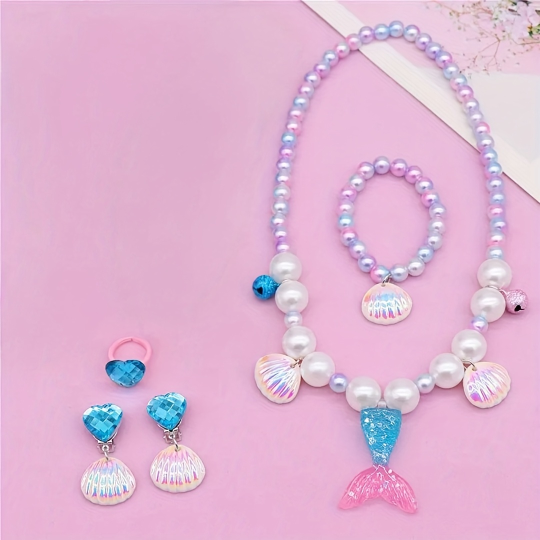 TEMU Set di gioielli da 5 pezzi per a tema con ciondolo, collana, braccialetto, orecchini e anello con borsa blu. a tema includono collana,