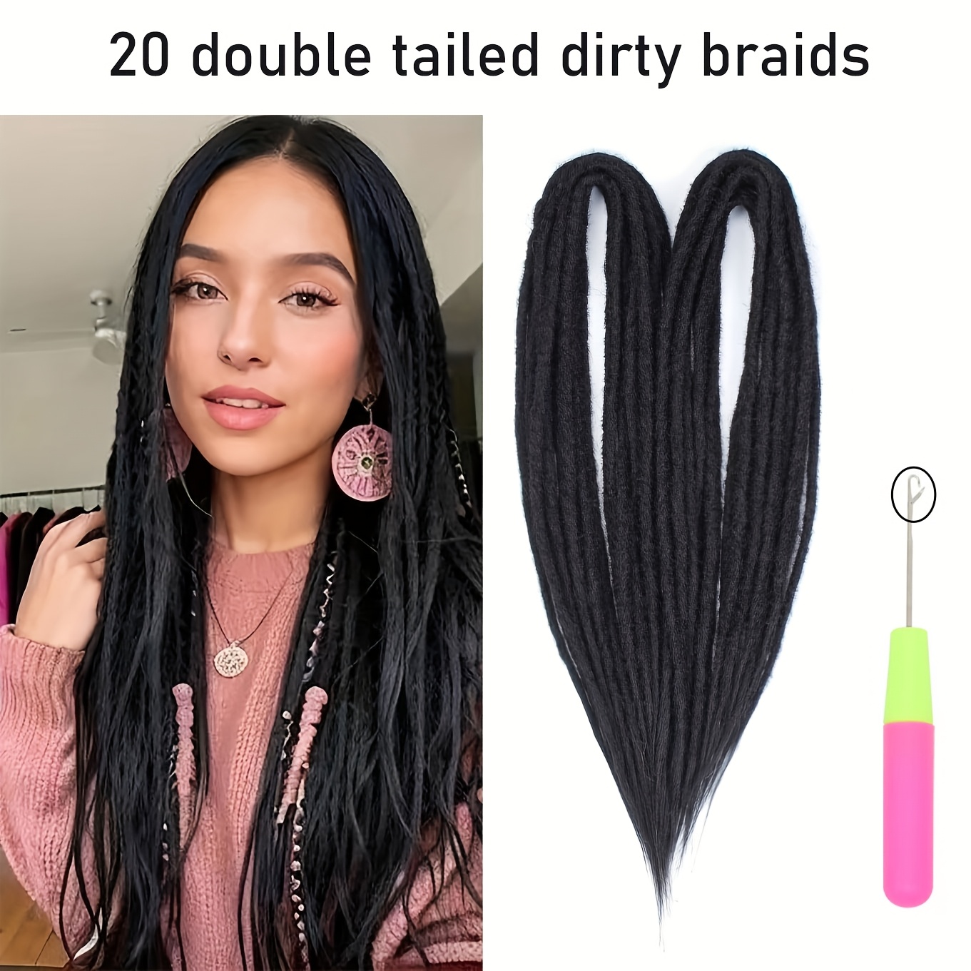 20pcs Of Black Double-ended Dreadlocks, 24 Inches Long, On The Skin, Styling