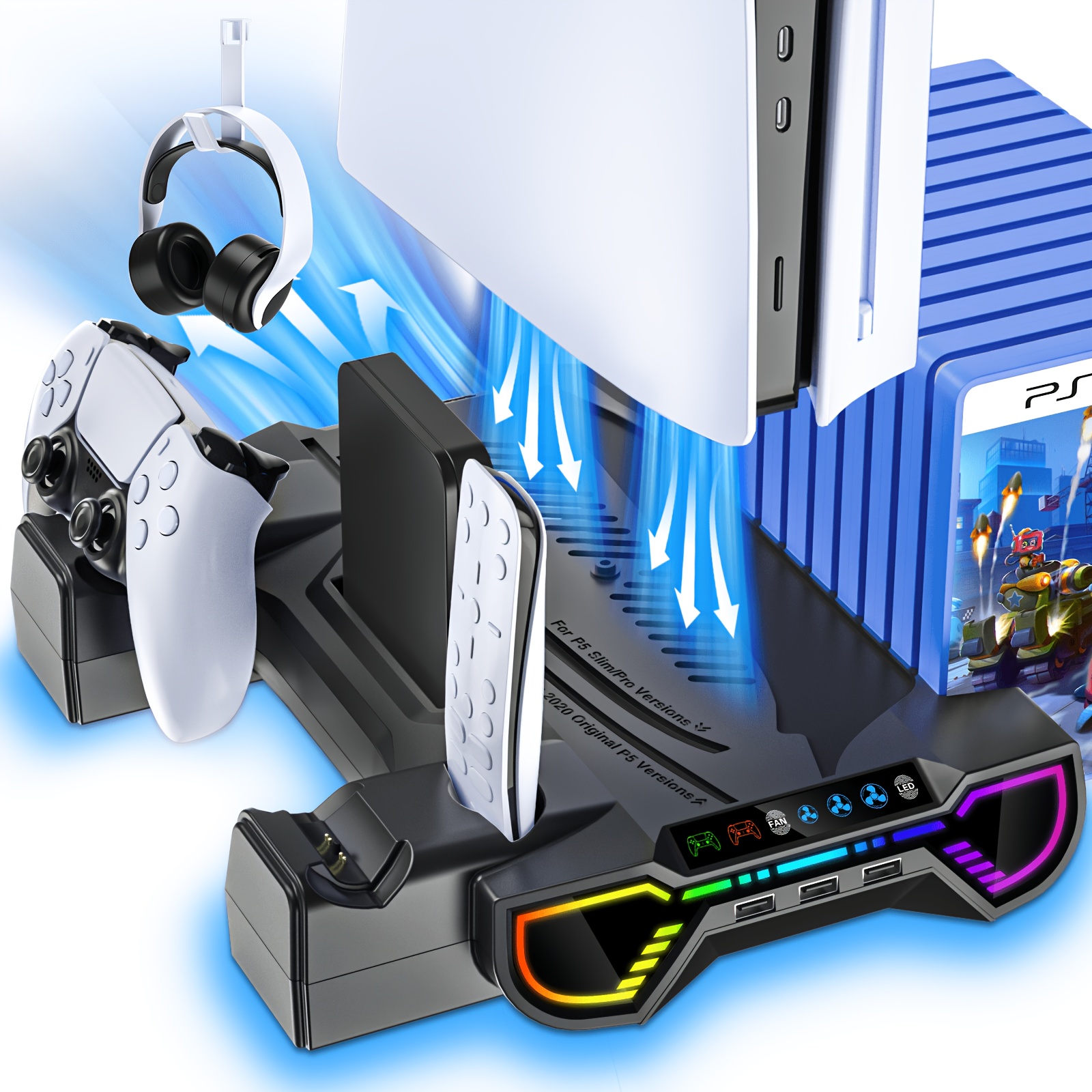 For Ps5/slim/pro Cooling Station And Controller Charging Station With Led Stand For Playstation 5 Console - For , Cooling Stand Accessory Kit-cooler Fan/headset Holder/3 Usb