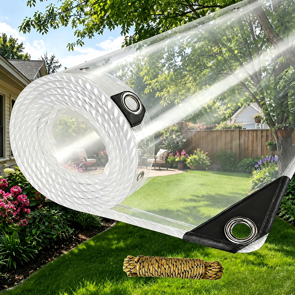 TEMU Bâche en vinyle transparent, Bâche transparente imperméable avec œillets, PVC transparent robuste de 18 pouces, Bord renforcé, Couverture