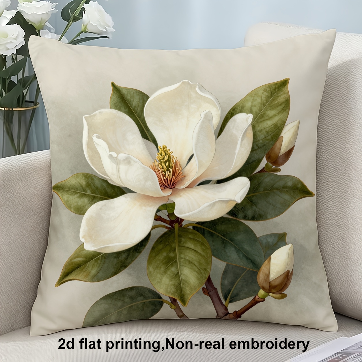 TEMU 2d Flat Printing, 1pc, Flower With Green Leaves, Pillow Cover, Double-sided Printing, Polyester, Very Suitable For Decorating Sofas, Living