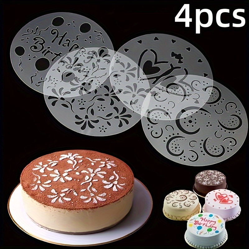 

4pcs Cake Template Cake Decoration Mold, Plastic Template Spray Cake Mold, Side Baking Mesh Template, For Biscuits, Sugar Cubes, Desserts, Baking Tools, Kitchen Accessories