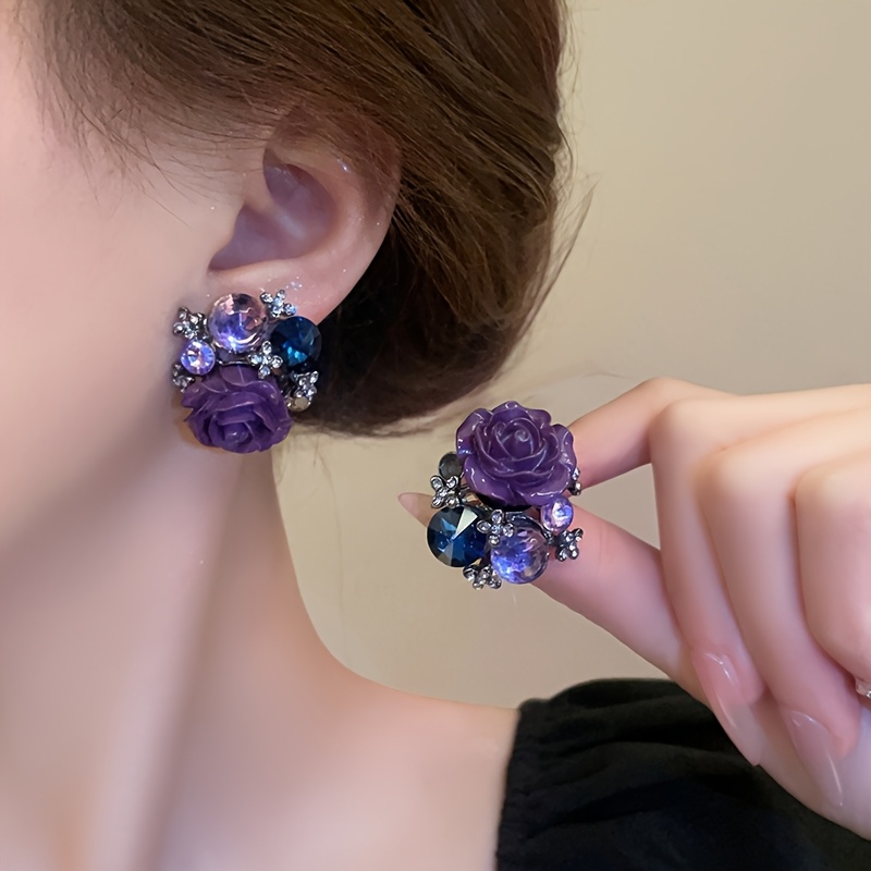 TEMU Exquisite And Luxurious Purple Rose Flower Earrings For Women, Fashionable And Elegant Party Earrings Jewelry Gift