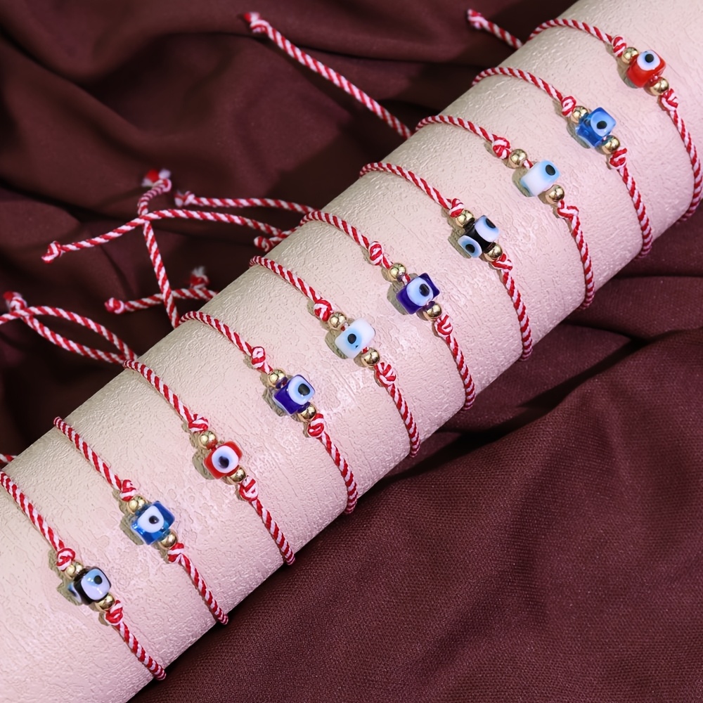 Image of 5/10pcs Of Women's Woven Bracelets Featuring Ethnic Style Evil Eye Beads, Bohemian Handmade Adjustable Wristbands, Perfect For Christmas Gifts