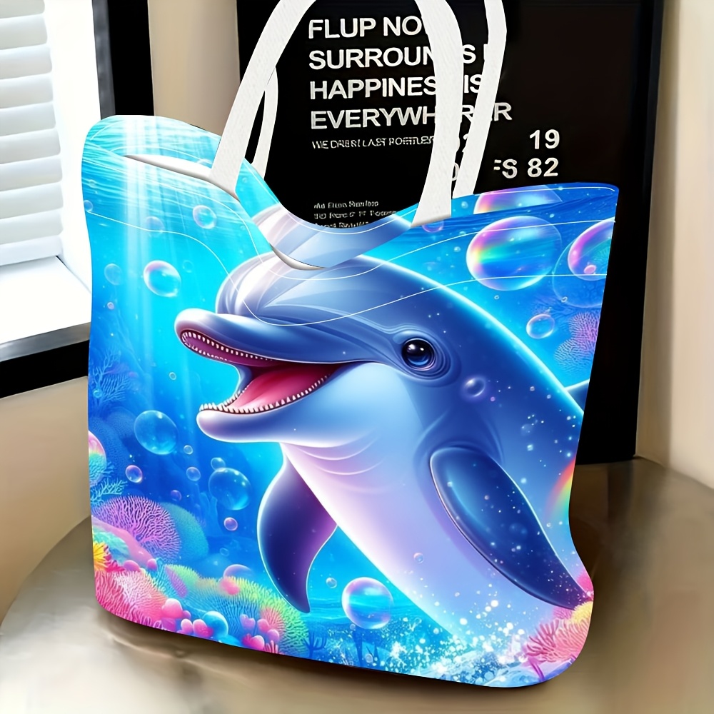TEMU 1pc Trendy Casual Women's Travel Tote Bag Featuring Cute Blue Underwater Dolphin Bubble Print For Daily Shopping And Outdoor Trips