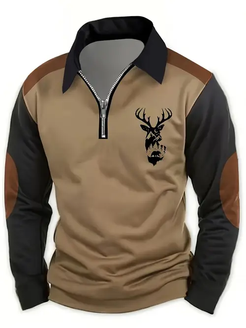 mens deer print golf shirt casual long sleeve half zip collared outdoor shirt two polyester machine washable fall winter leisure activities gift for eld gift for ramadan