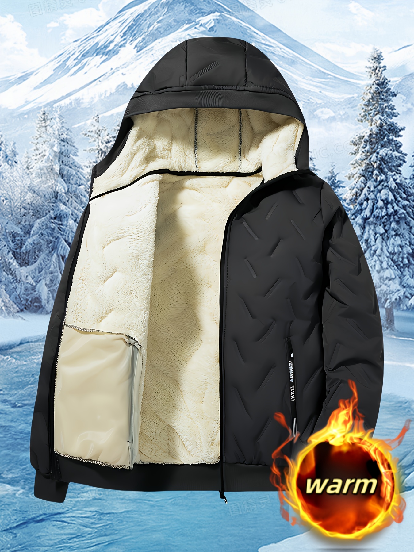 mens hooded fleece jacket thickened windproof comfortable casual   anti cold with lamb velvet lining and lining black 3