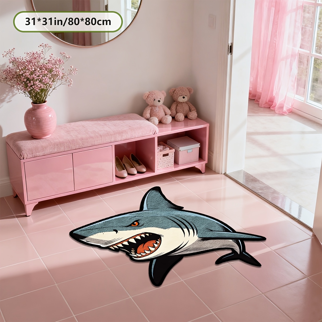 TEMU Soft Plush With Dotted Plastic Backing, Creatively Shaped Home Rug Featuring A Cute And Romantic Printed Design Of A Toothy Shark. Suitable For