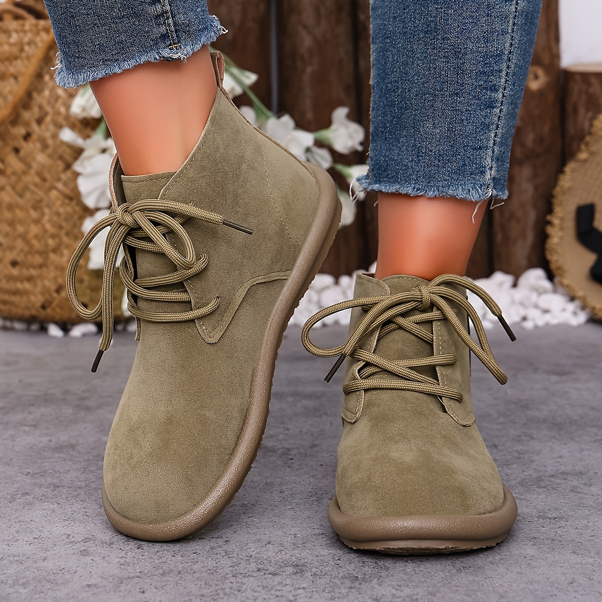 TEMU Ladies' Large Size Frosted Short Shaft Round Toe Flat Soled Boots, A New Style For , Feature A Comfortable Thick Sole And Lace For Easy Putting