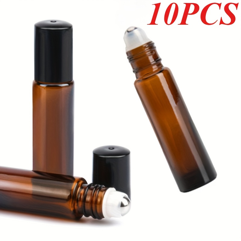 

10pcs Brown Glass Roller Bottles With Stainless Steel Balls & Caps, 10ml - Perfume, Lip Gloss &