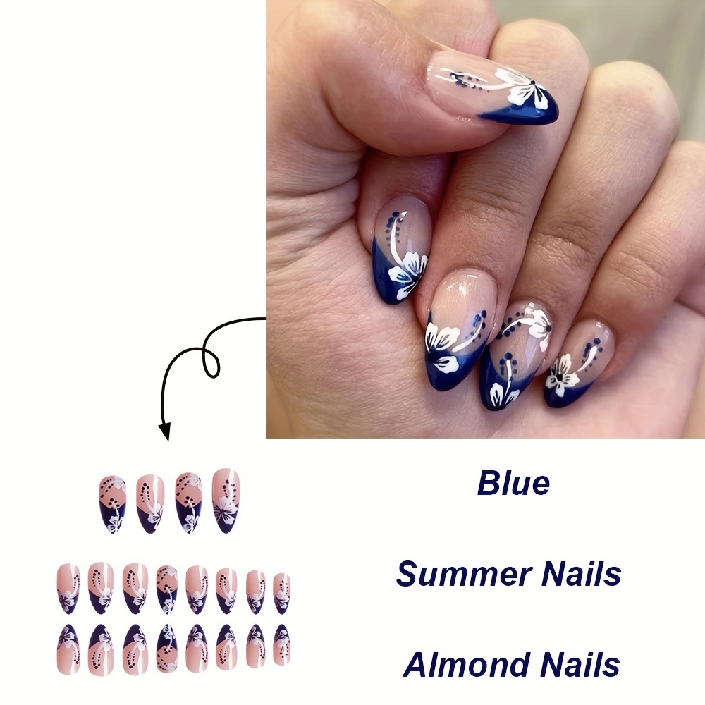 24pcs Almond Summer Navy Blue Floral Press-on Nails, Wearable And Removable Fake Nails