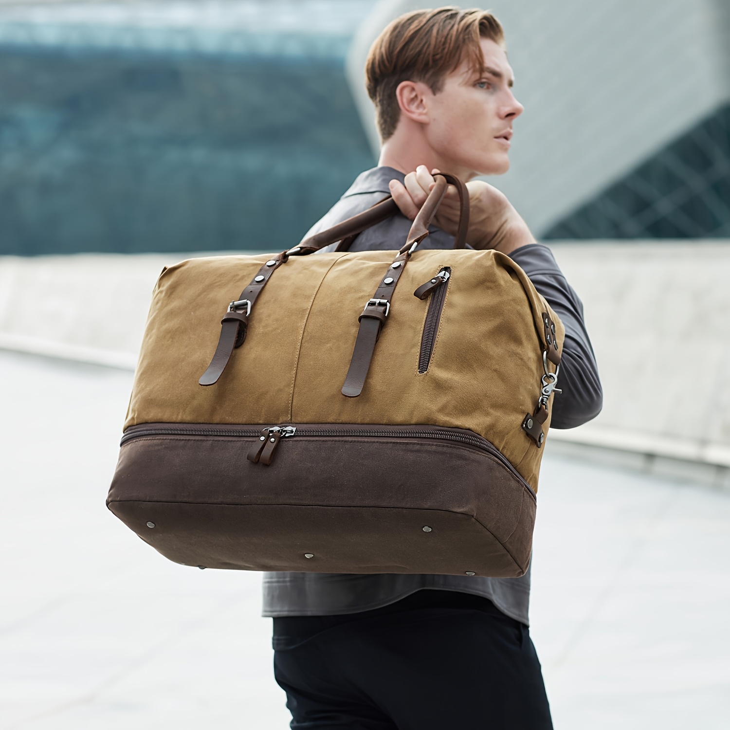 Large-Capacity Travel Bag Made of Oil Wax Canvas, Large Travel Bag, Overnight Travel Bag, Women'S Portable Bag with Shoe Compartment, Men'S Travel Bag