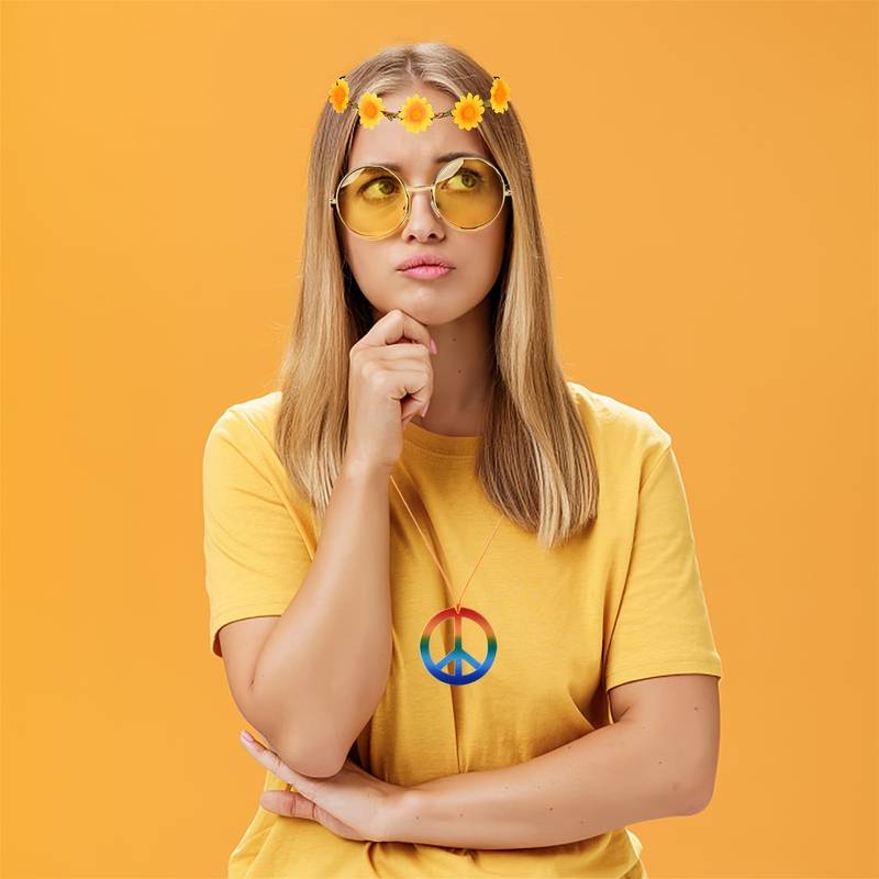 Lot De 5 Accessoires Hippie Vintage Années 70 - Bandeau Tricot, Lunettes, Collier Paix, Boucles D'oreilles - Pour Fête, Carnaval, Festival