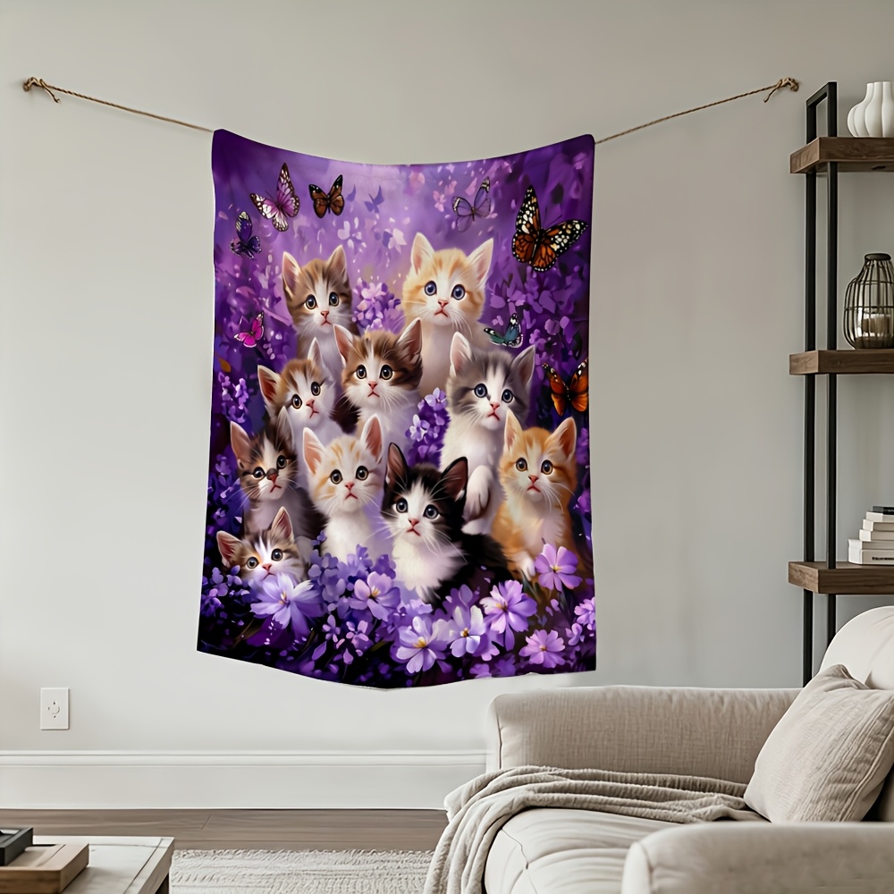 TEMU 2d Flat Printing, 1pc, Cute Kitten And Design Single-sided Printed Fleece Blanket, Comfortable And Warm, Suitable For Office Nap, Camping,