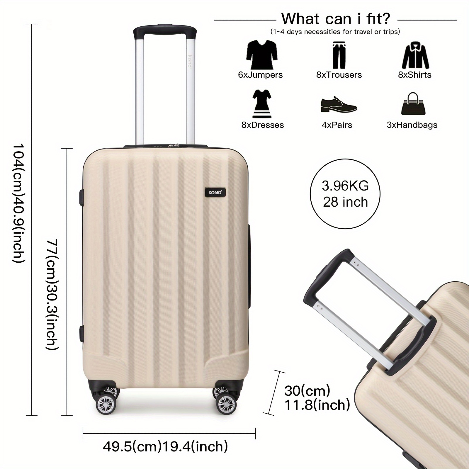 Image of This 3pcs Luggage Set Or White Travel Handbag Hard Shell Suitcase Light Weight Abs 4 Spinner Wheels Trolley Case 19/24/28 Inch