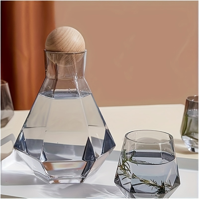 

1 set, 1.4L Carafe en verre pour eau et 4 verres à diamant de 300 ml avec couvercles en bois, pour , , design transparent