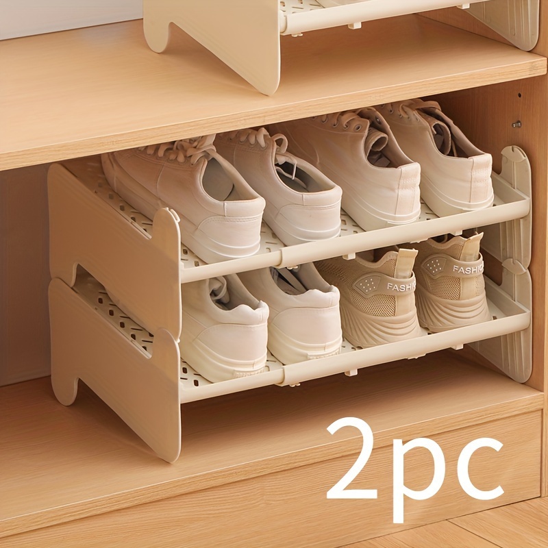 2pcs Expandable Shoe Rack - Space- Retractable Shoe Rack, Stackable Storage Organizer, Suitable For Like Hallway, Living Room, Bedroom - Durable Plastic, Secure Tenon