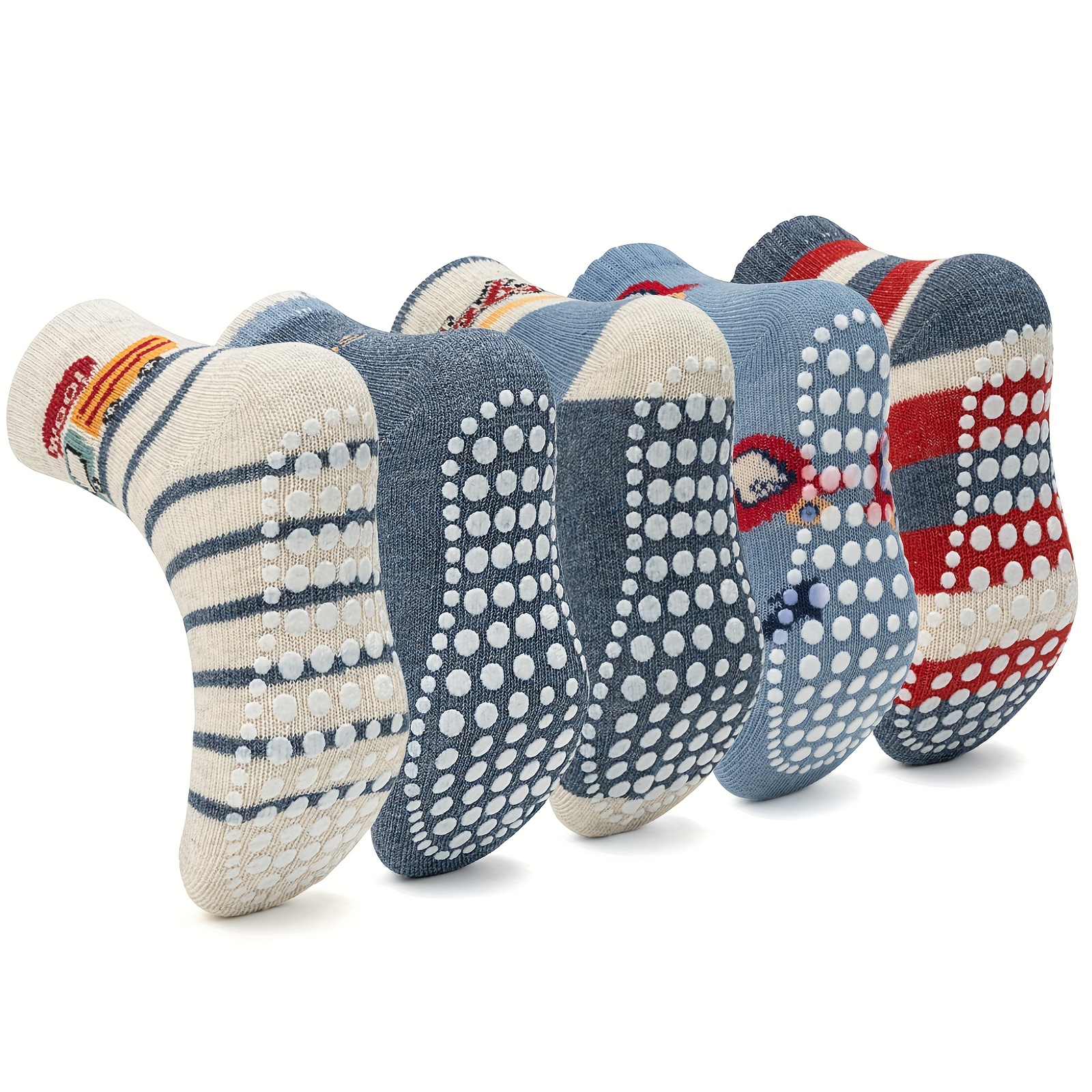 Boys' Five-pair Pc Non-slip Mid-calf Socks, Construction Vehicle Rubber Dot Socks With For Indoor Wear