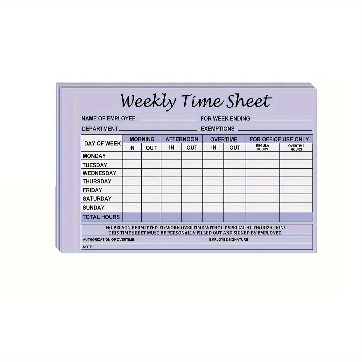 

50pcs Employee Weekly Time Sheets, 5.5 X 8.26 Inch - Purple Carbonless Daily Schedule Planner For Office Use, Standard Hour Tracking