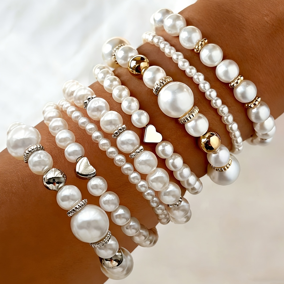 TEMU 8pcs Elegant And Exquisite Heart-shaped Elastic Cord Women's Fashionable Stackable Bracelet Set For Parties, Dates, Gatherings, Gifting, And