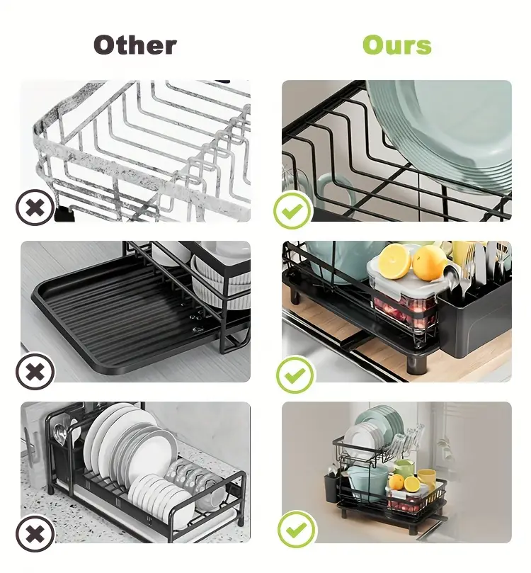 2 tier dish drying rack with drain tray and swivel drip spout multifunctional kitchen countertop storage organizer metal and plastic cup holder and cutlery holder space saving plate rack for home and apartment use 1pc Product details 9