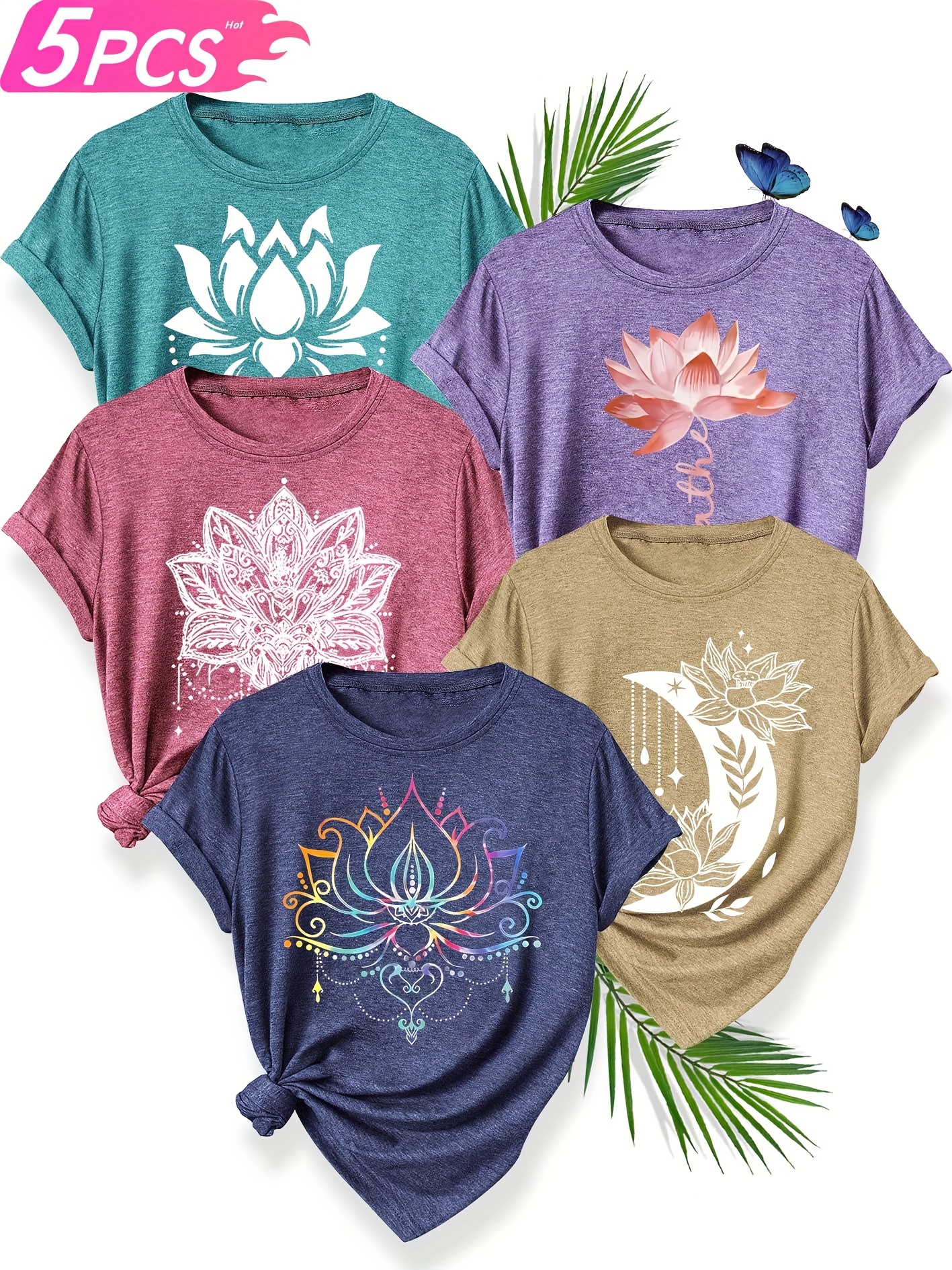 5pcs womens floral print t shirts casual crew neck short sleeve medium stretch vibrant colors s xxl   spring summer Product details 1