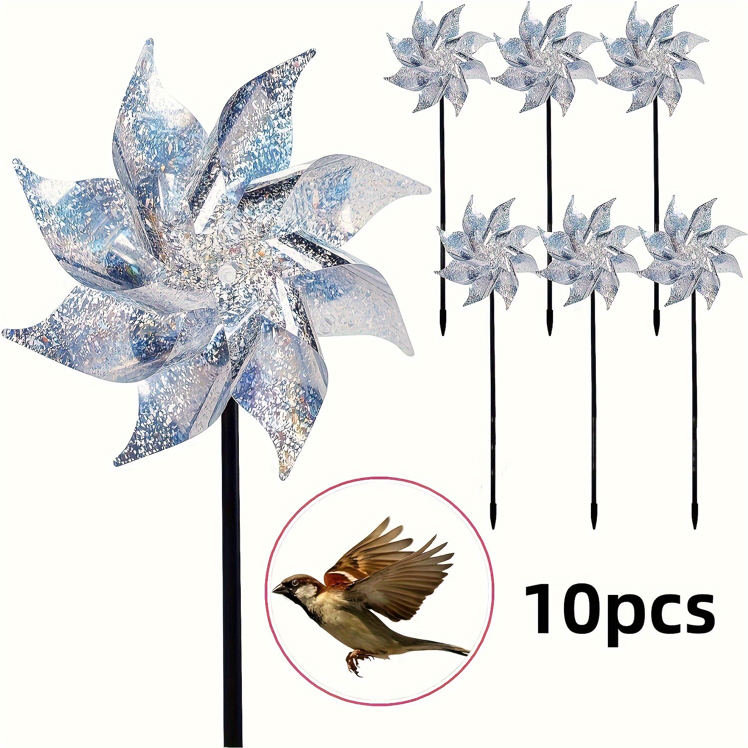 

10-pack Reflective Silver Pinwheels With Stakes, Dual-sided Bird Deterrent Wind Spinners For Garden And Yard Decor, Plastic Material, No Electricity Or Battery Needed