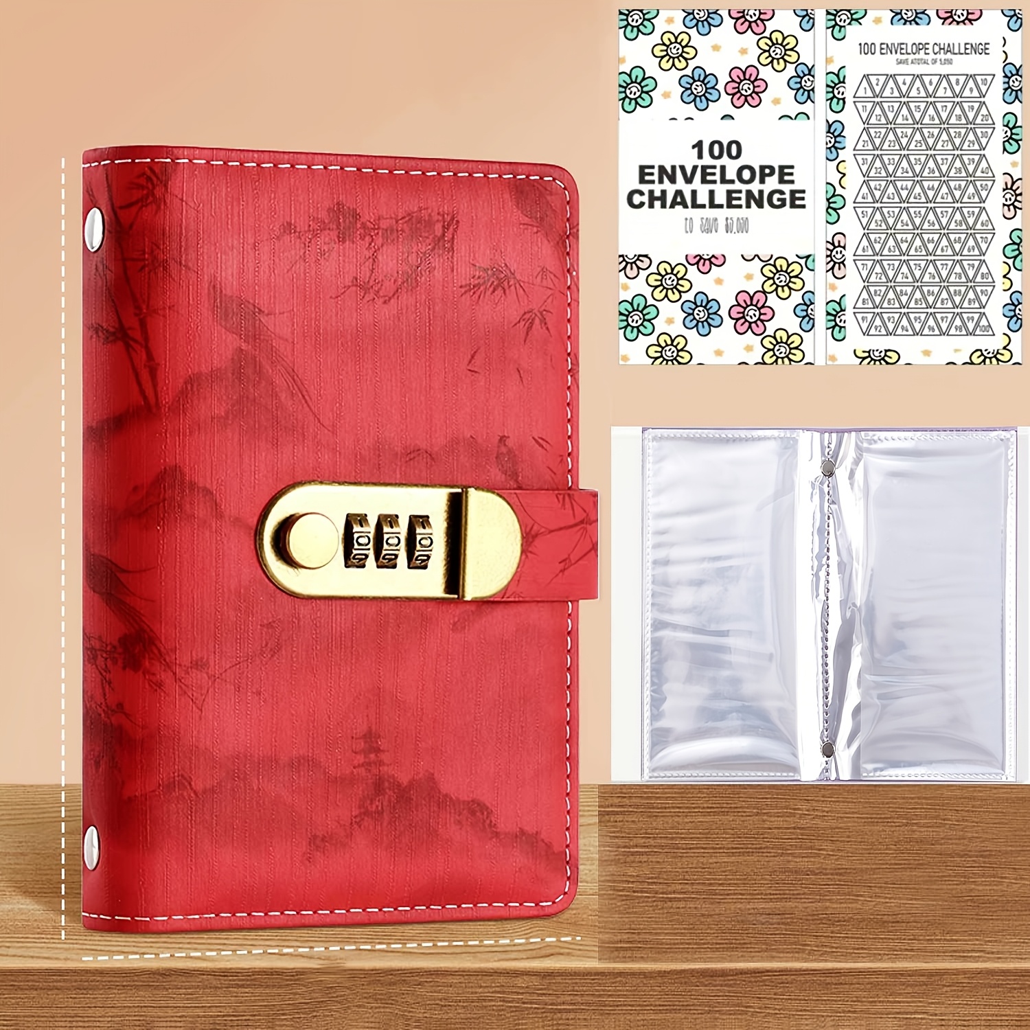 TEMU Libro de ahorros A6 con candado de combinación, tarjetas de de de 100 días, de de efectivo de 52 semanas, páginas interiores de capacidad de 100