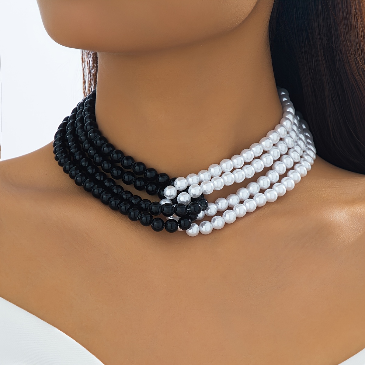 TEMU 1pc Women's Elegant Layered Beaded Necklace - Black & White Bead Chain, Sophisticated Everyday & Party Jewelry Gift For Women, Versatile Necklace For Formal Casual Outfits