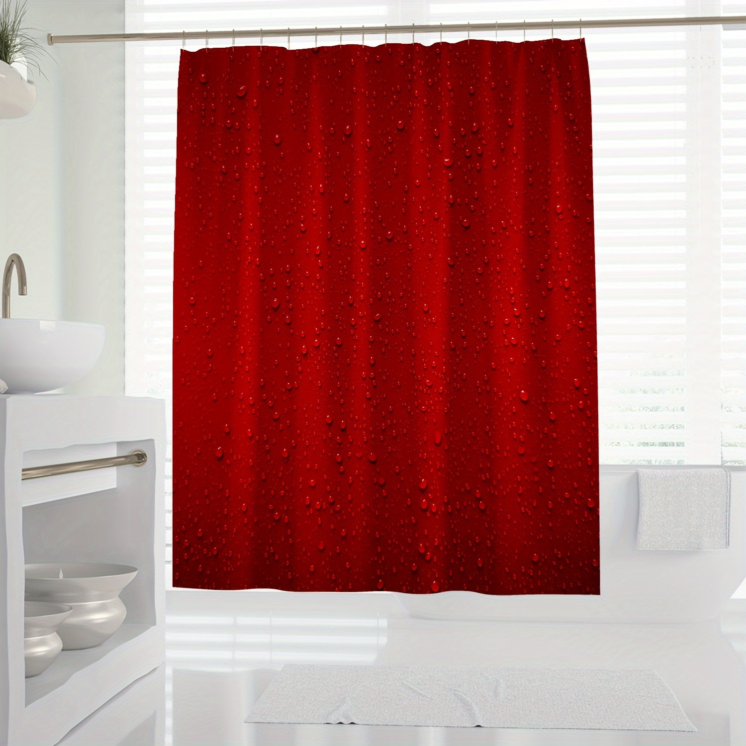

1pc, Digital Print Shower Curtain, Water Drops Design, Red Background, Bathroom Decor, Waterproof Fabric, Home Accessory