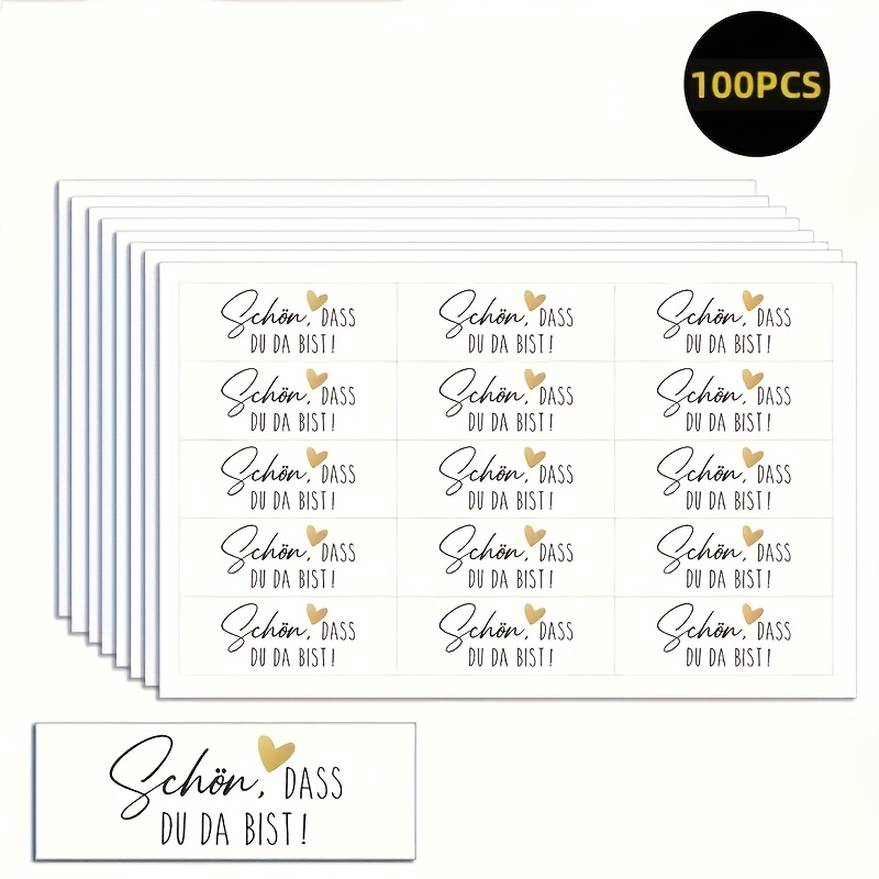 E-shop 100 Deutsche Phrasen-Etiketten "Schön, DASS DU DA BIST" Selbstklebende Papiersiegel, Glänzende Oberfläche, Elegante Rechteckige Etiketten mit