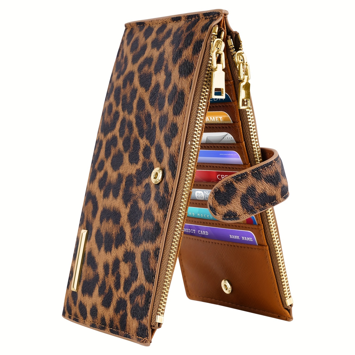 

1pc Classic Leopard Print Leather Women' With 18 Card Slots, Dual Zipper Coin Pockets, Id Window, And Large Capacity For Phone, Passport, Cash - Ideal For New Year, Christmas, Birthday Gifts