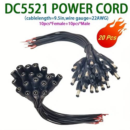 item picture 20pcs of 12v with 5521 connectors featuring solderable wiring at brass contacts with 5 5x2 1mm male and female connectors pvc insulated cables suitable for cctv security cameras led light strips and other diy wiring